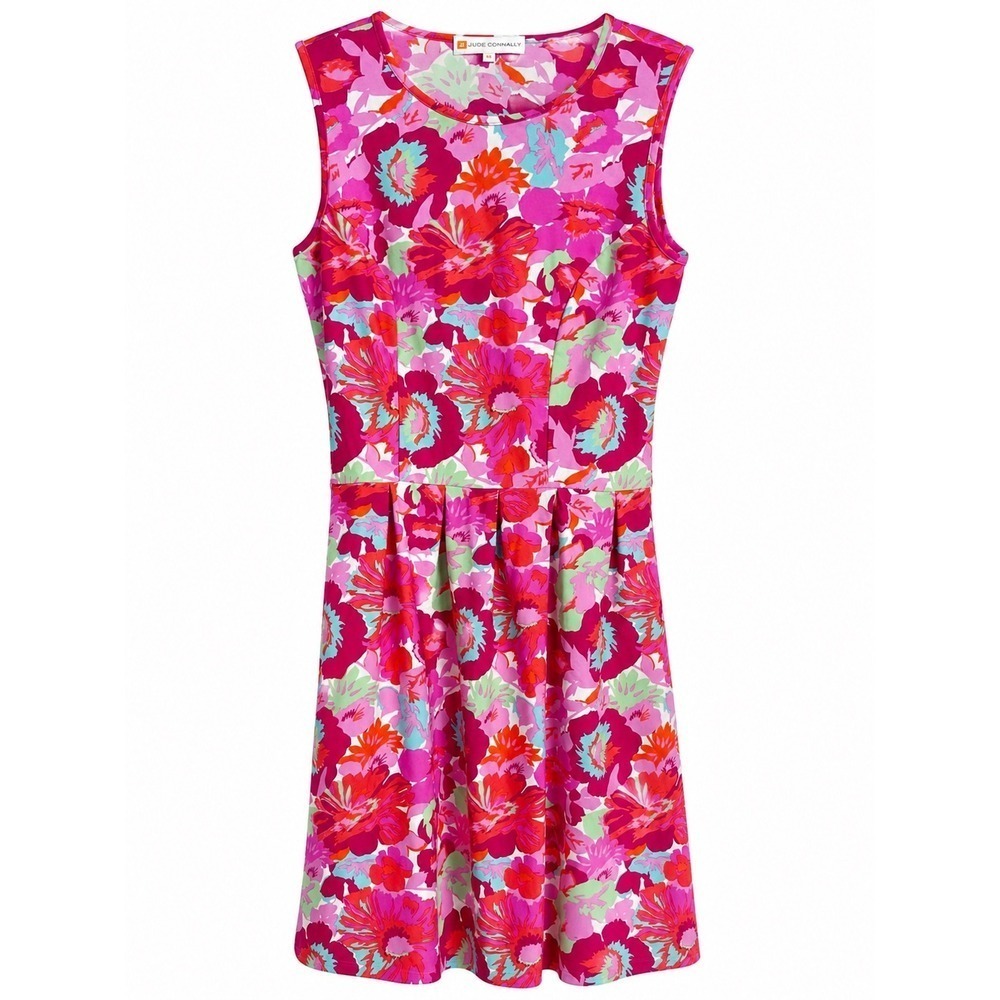 Jude Connally Floral Fit Flare Dress XS Pink Stretch Knit Pockets Travel Teacher